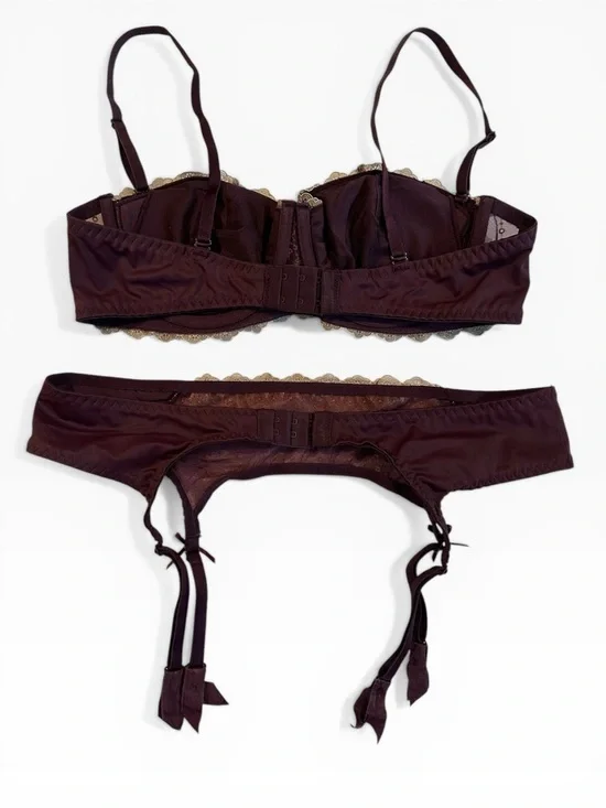 Fredericks of Hollywood Lingerie Set XL Burgundy Gold Bustier Bra Garter Belt - Picture 3 of 8